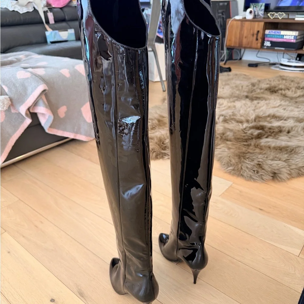Saint Laurent Black Patent Leather Over-the-Knee Boots - Picture 5 of 5